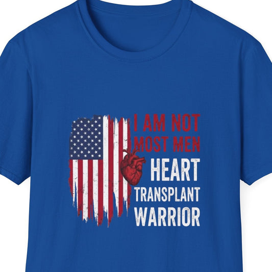 Blue t-shirt with American flag design and text on a white background