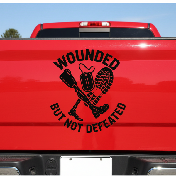 “Black matte ‘Wounded But Not Defeated’ amputee decal on tire cover 29×29