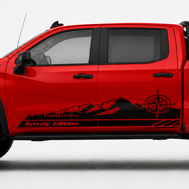 Black mountain compass rocker panel vinyl decal with Grizzly Edition text on red Chevy ZR2 truck