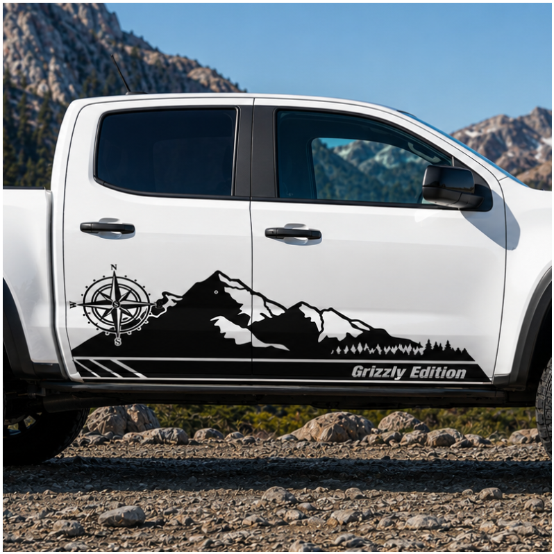 Black mountain compass rocker panel vinyl decal with Grizzly Edition text on white Chevy ZR2 truck