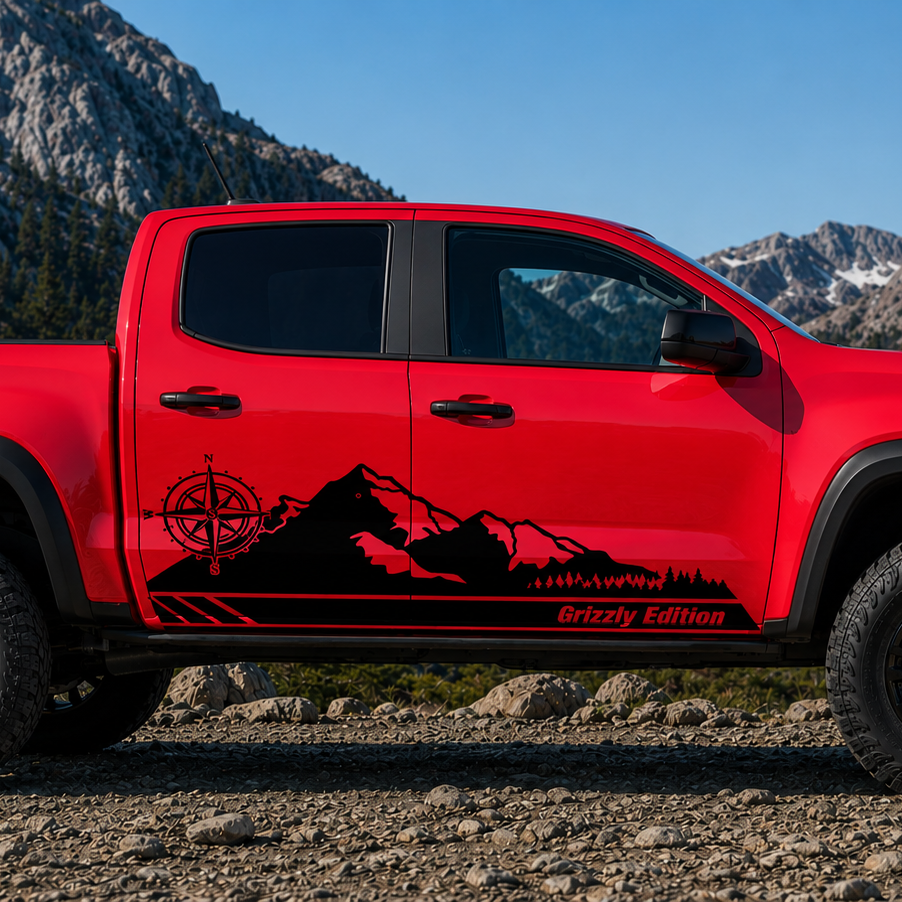 Black mountain compass rocker panel vinyl decal with Grizzly Edition text on red Chevy ZR2 truck
