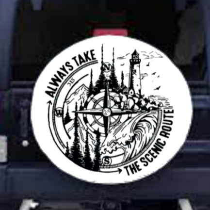 “Always Take the Scenic Route vinyl car window decal, white, 24×24”