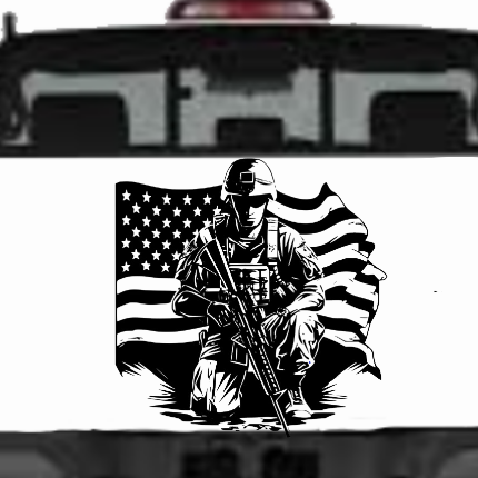 Black matte American soldier square decal on truck door, 24×24”
