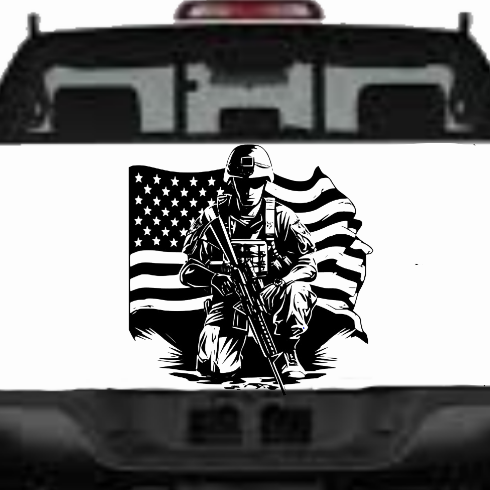 White truck with a black and white graphic on the back