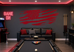 Distressed red American flag vinyl decal displayed in game room
