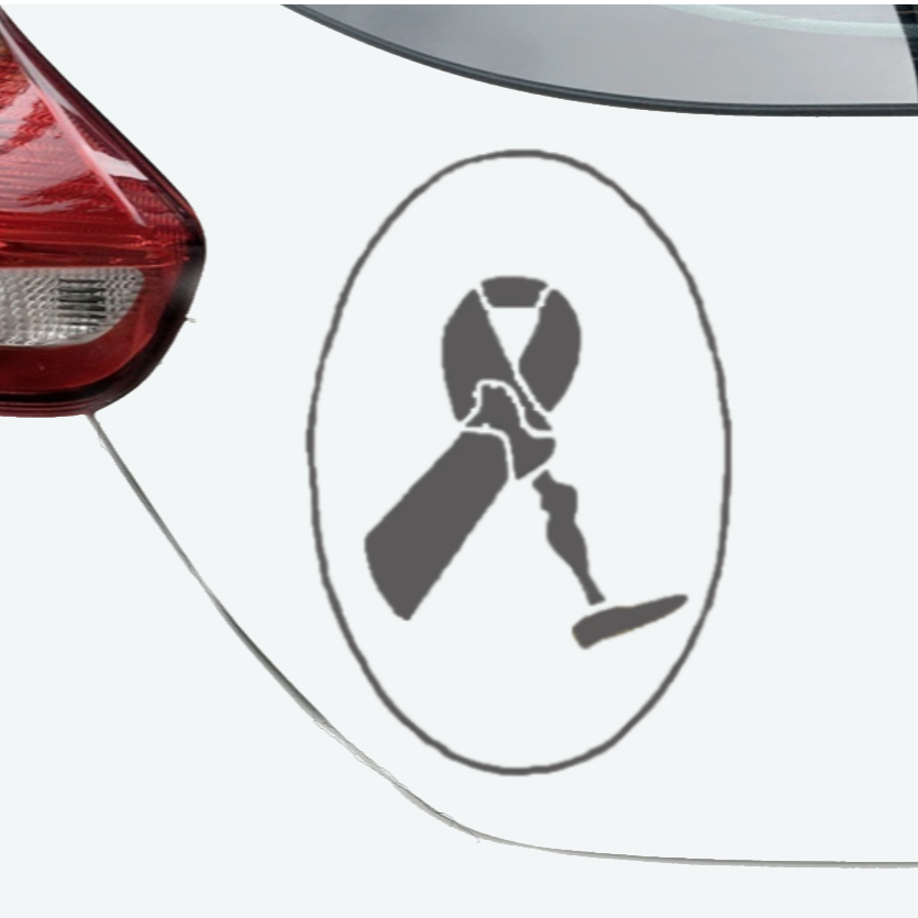 Customized Amputee Ribbon vinyl car decal with text, black, 10‑inch width on rear of vehicle”