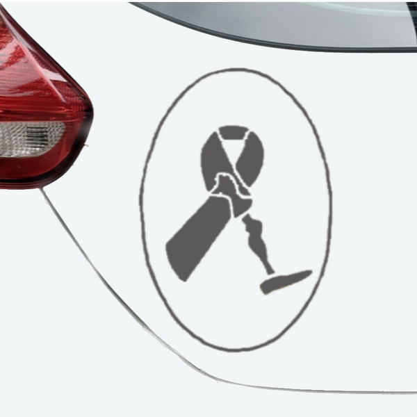 Customized Amputee Ribbon vinyl car decal with text, black, 10‑inch width on rear of vehicle”