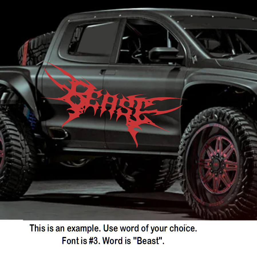 Black pickup truck with red graphics on a dark background