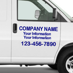 “Truck door vinyl lettering 2‑piece set — Company Name, City ST, USDOT, pre‑spaced die‑cut, white on dark van door”