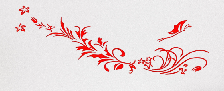 Decorative red floral and bird design on a white background