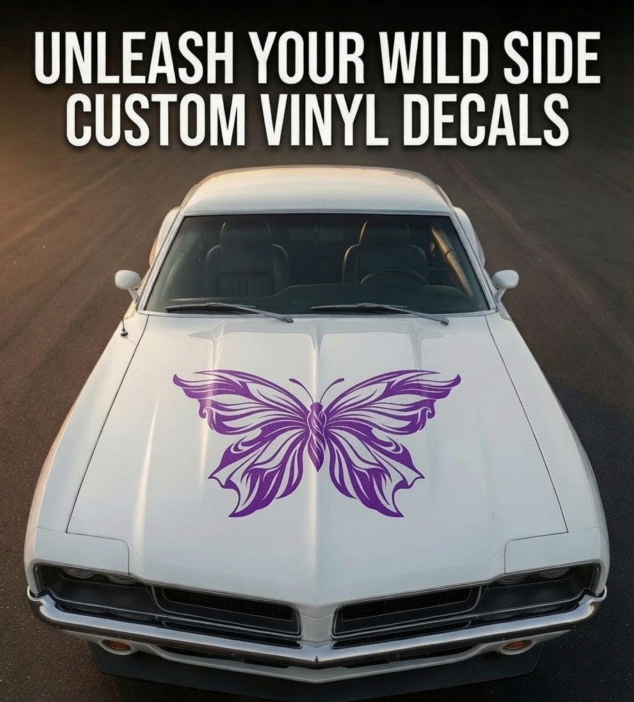 Pink tribal butterfly vinyl decal with flowing wing linework, available in multiple sizes and colors