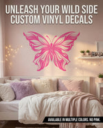 Pink butterfly wall decal in a bedroom with text about customizable vinyl decals.