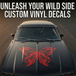 Red tribal butterfly vinyl decal with flowing wing linework, available in multiple sizes and colors