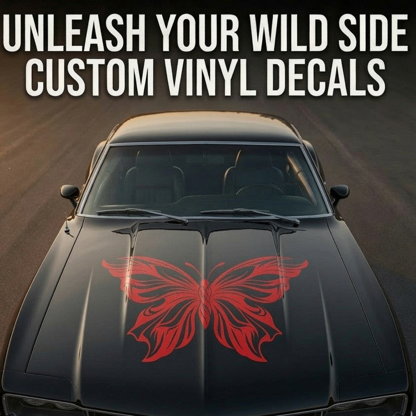 Red tribal butterfly vinyl decal with flowing wing linework, available in multiple sizes and colors