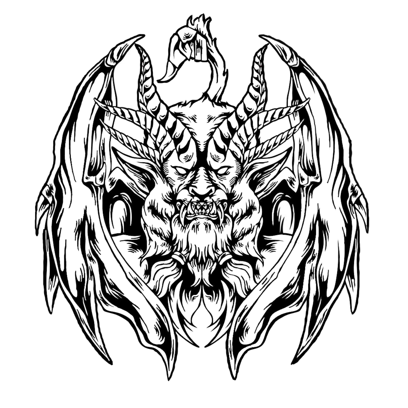 Muscle car with a large black chimera creature decal featuring lion, goat, and serpent elements displayed across the hood

