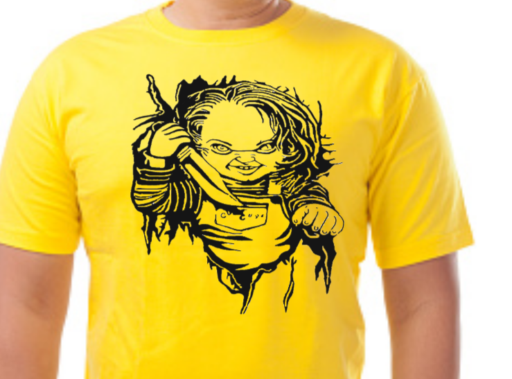 Chucky‑inspired horror graphic tee, yellow shirt with black vinyl text, flat lay