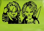 Chucky & Bride–inspired horror couple vinyl decal, white, 24×38 on rear window