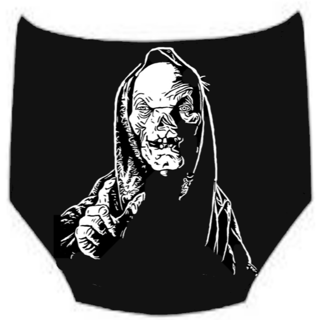 White matte Crypt Keeper–inspired decal, 32×28.4, die‑cut with no background”