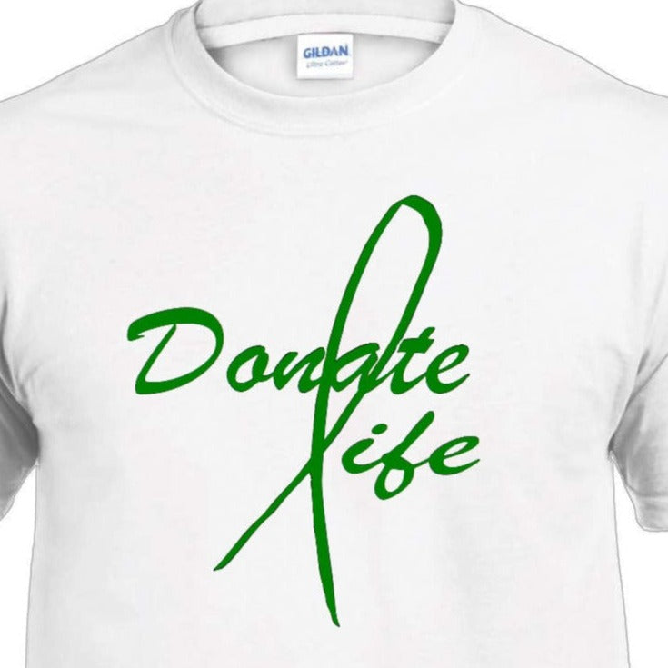 “Donate Life unisex graphic t‑shirt, white with green HTV print, front view”