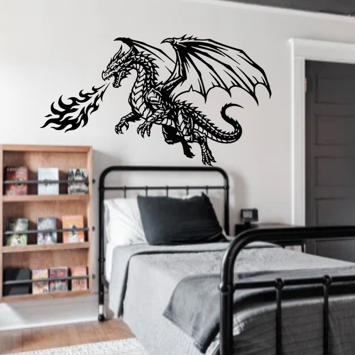 Modern bedroom with a black metal bed, bookshelf, and decorative dragon wall art.