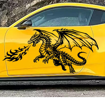 “Large black dragon with flames vinyl car decal on door, 50×24”