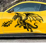 “Large black dragon with flames vinyl car decal on door, 50×24”