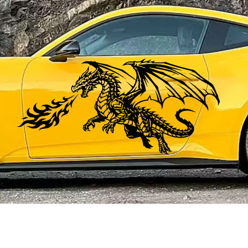 Yellow car with a black dragon decal on vehicle side
