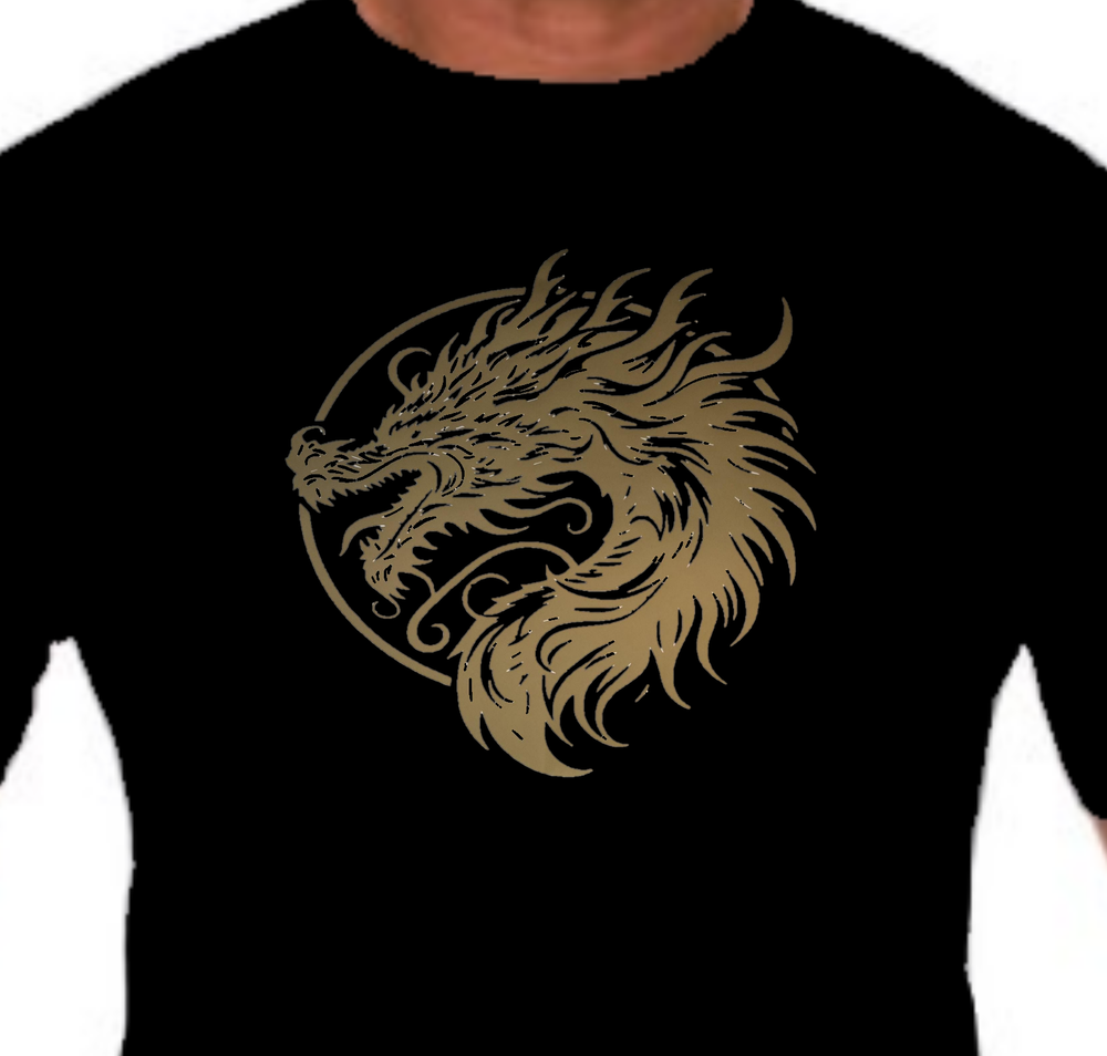 “Dragon graphic unisex t‑shirt, black with gold HTV print, front view”