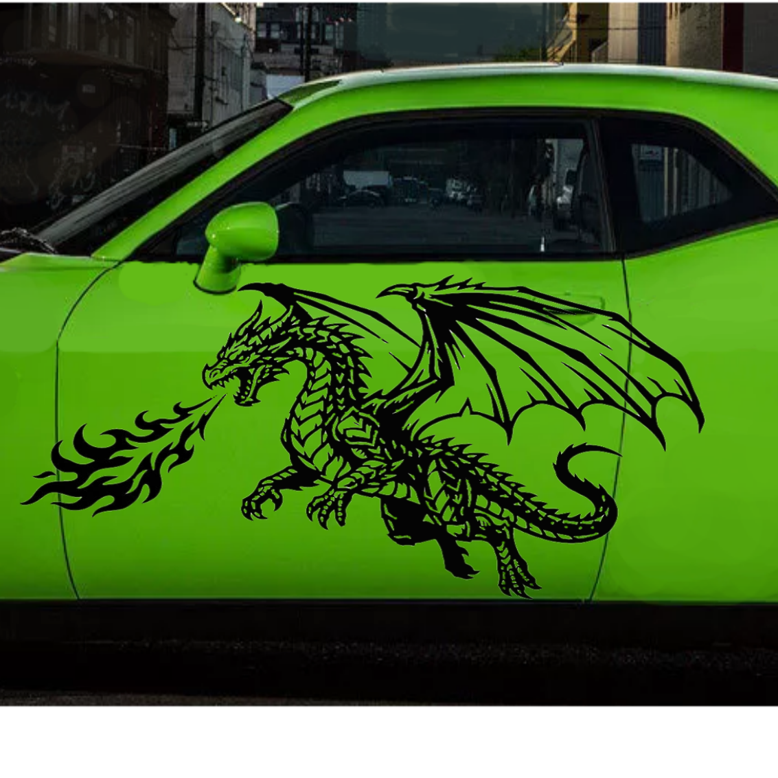 Green car with a dragon decal on a white background
