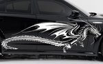 Dragon with wings vinyl car/wall decal, white, 60×24 on vehicle door, die‑cut no background