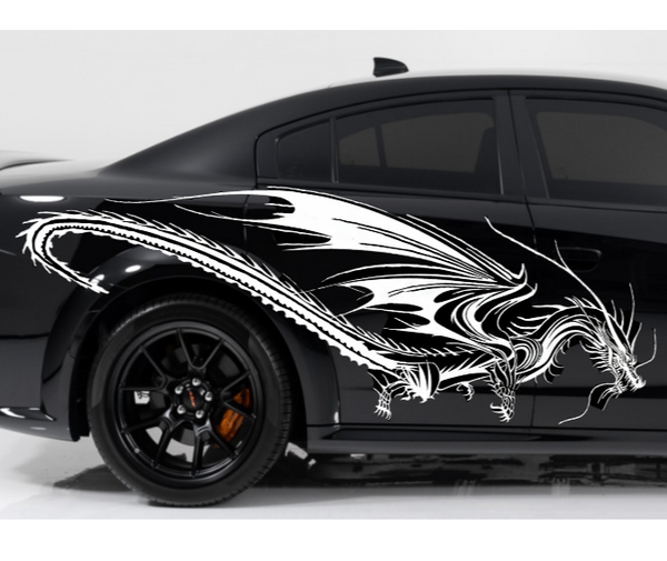 Dragon with wings vinyl car/wall decal, white, 60×24 on vehicle door, die‑cut no background