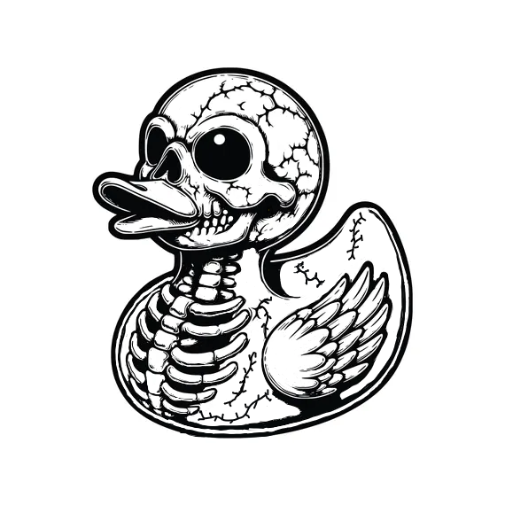 Black and white illustration of a skeleton duck with cracked shell on a white background