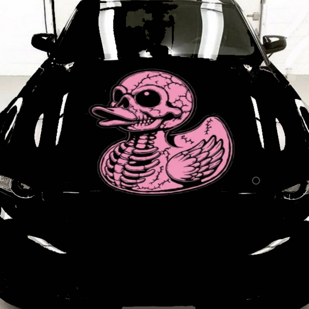 Pink duck skull vinyl decal on black vehicle hood, single‑color design”