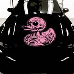 Pink duck skull vinyl decal on black vehicle hood, single‑color design”