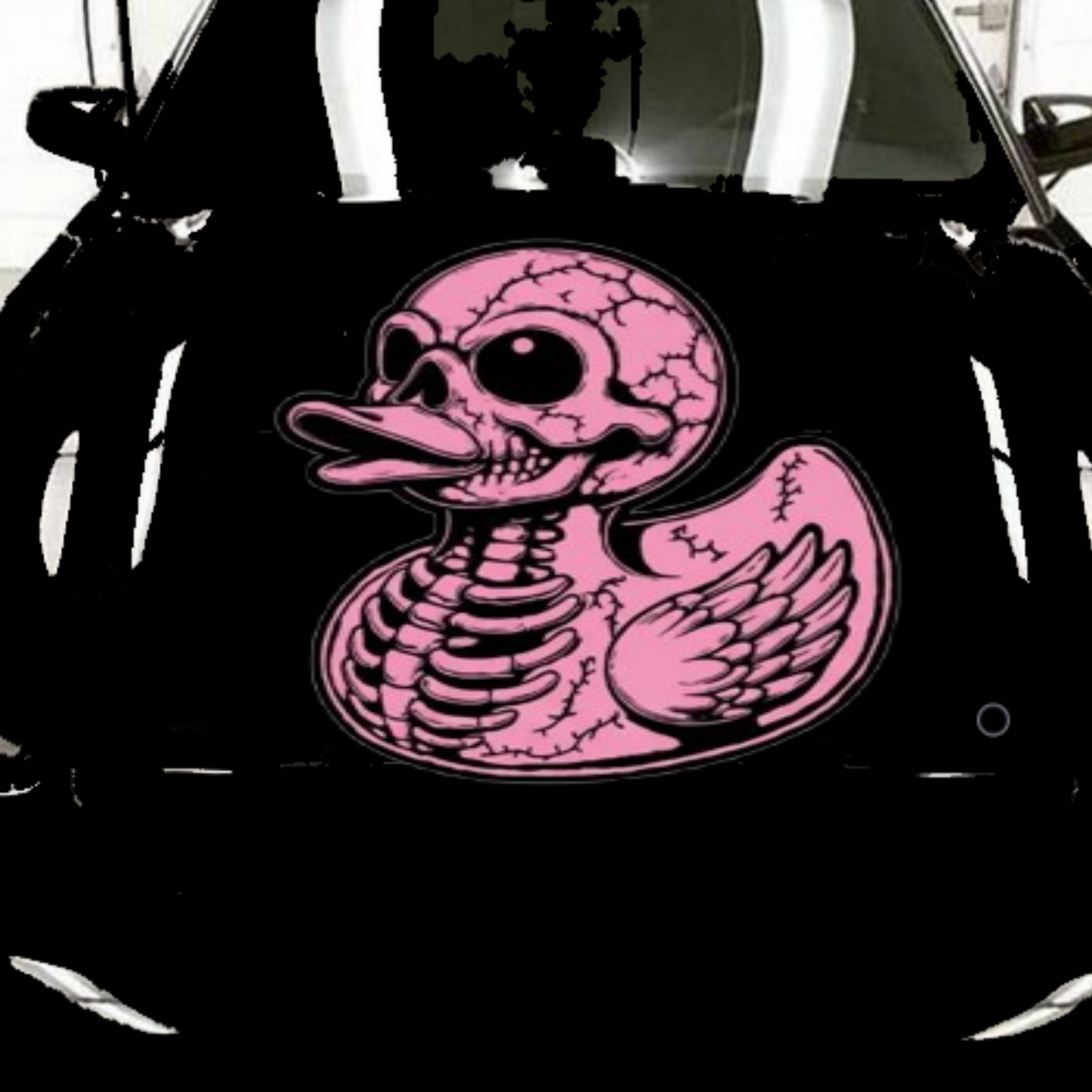 Black car with a pink skeleton duck decal on a white background