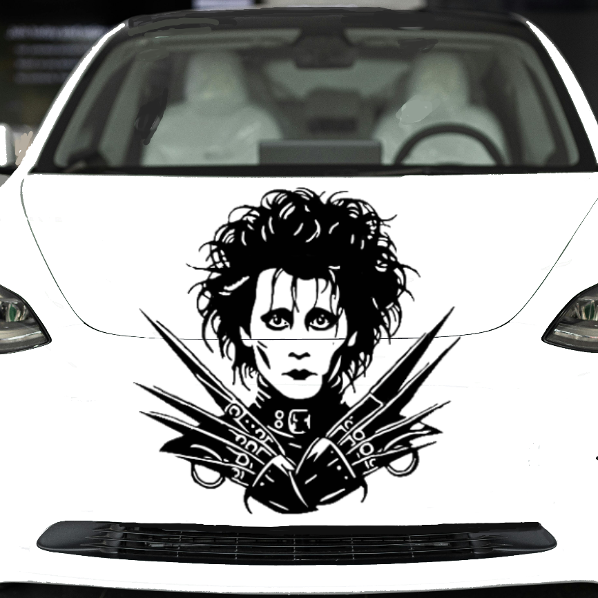 Car with a Edward Scissorhands graphic design on the front, featuring a stylized face and crossed swords.