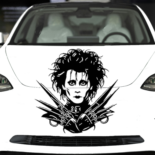 Car with a Edward Scissorhands graphic design on the front, featuring a stylized face and crossed swords.
