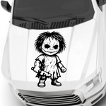 Black matte eyeless living dead doll horror decal on vehicle hood 18.5×29”
