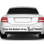 White car with a humorous text decal on the back