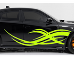 Black car with neon green stripes on a white background