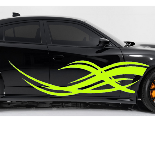Black car with neon green stripes on a white background
