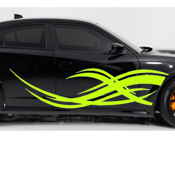 Black car with neon green stripes on a white background