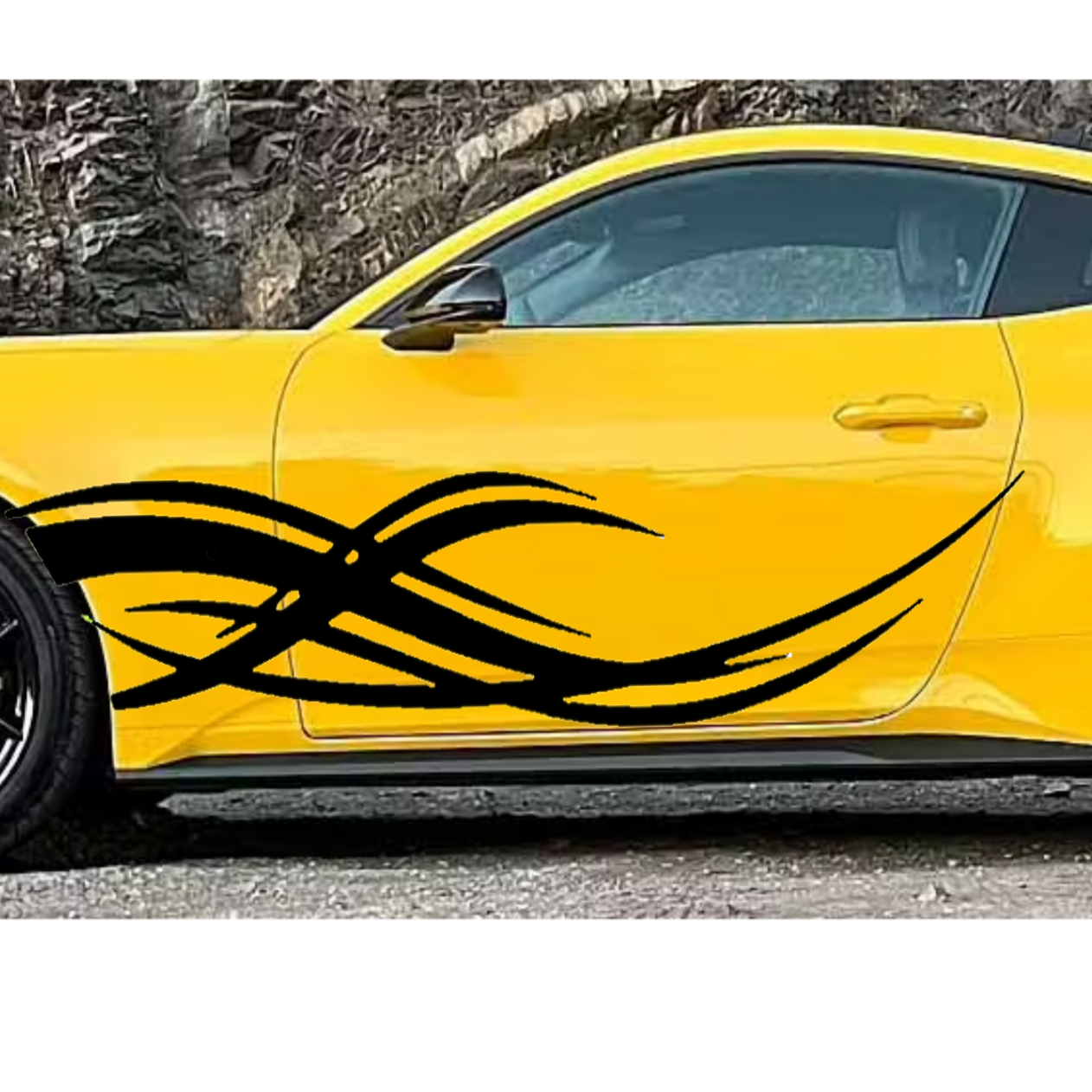 Yellow car with black decorative stripes on a white background