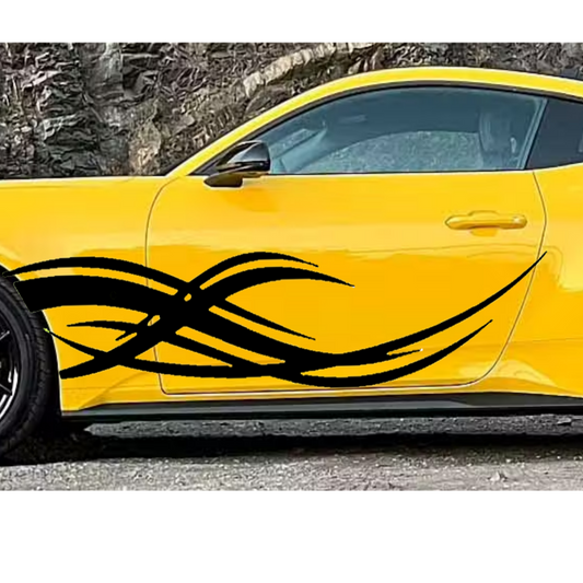 Yellow car with black decorative stripes on a white background