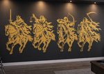 Gold Four Horsemen of the Apocalypse wall decal on a charcoal game room wall with an arcade machine and pool table