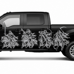 Silver Four Horsemen of the Apocalypse side decal on a black Ford F-350 crew cab pickup truck