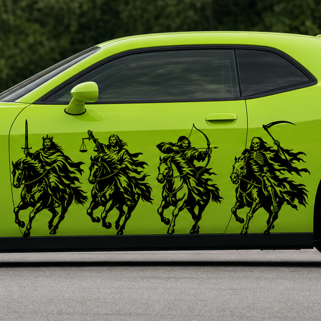 Black Four Horsemen of the Apocalypse side decal on a lime green muscle car