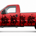 Black Four Horsemen of the Apocalypse decal along the side of a red pickup truck