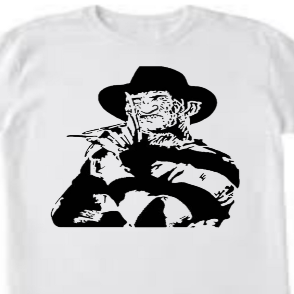 Freddy‑inspired unisex graphic T‑shirt, black with white HTV print, front view”