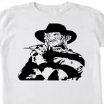 Freddy‑inspired unisex graphic T‑shirt, black with white HTV print, front view”